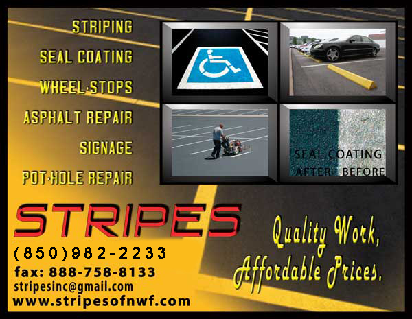 Stripes of Pensacola, Florida offers parking lot maintenance, striping, wheel stops, pot-hole repair, seal coating, ADA compliance, speed bumps, thermo plastic, stop bar, lane divider, pavement marking, handicap signs, “no-parking” signs, fire lanes, and truncated dome warning mats
